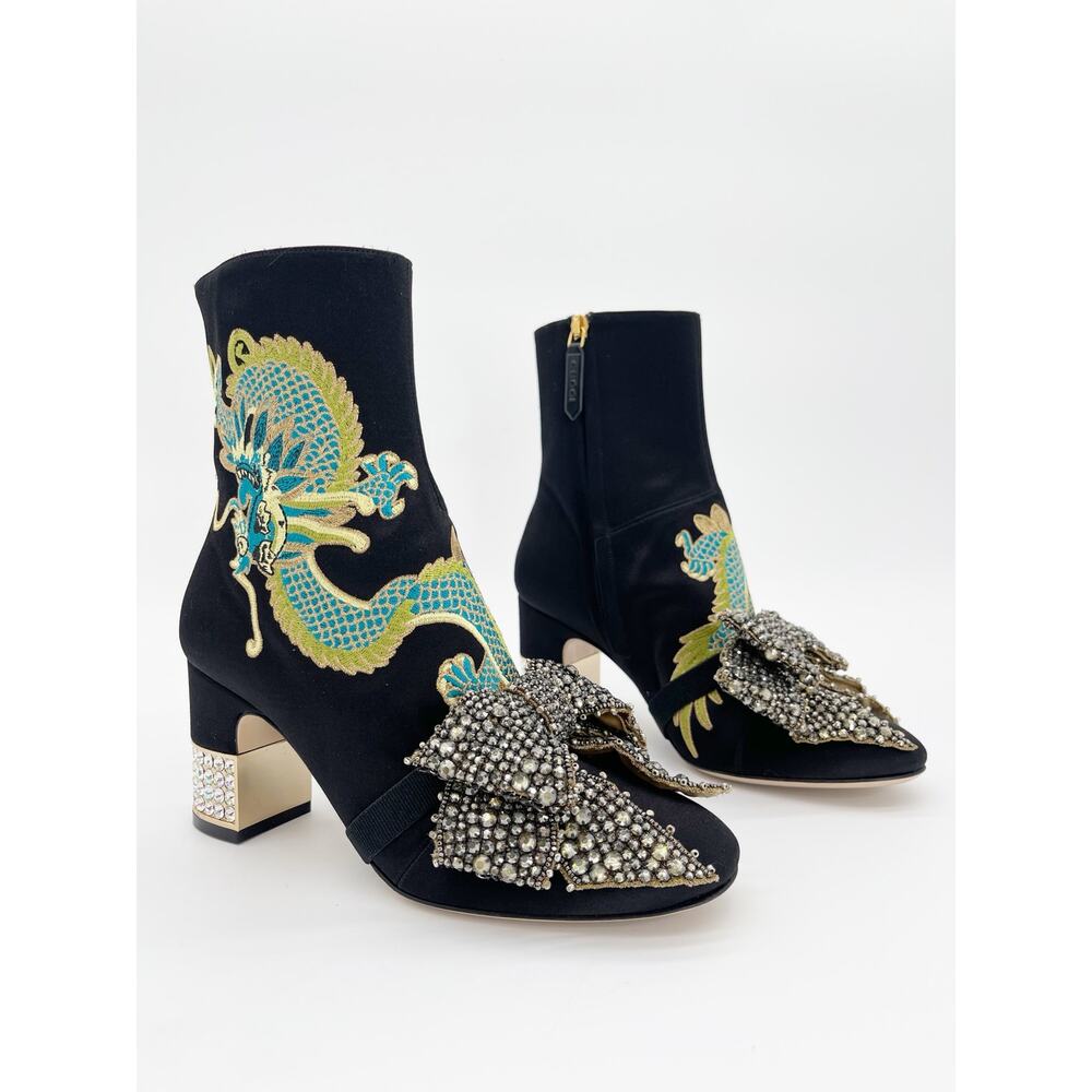 Gucci 2017 Black Candy Dragon Crystal Bow Satin Embroidered Ankle Boots EU 37.5